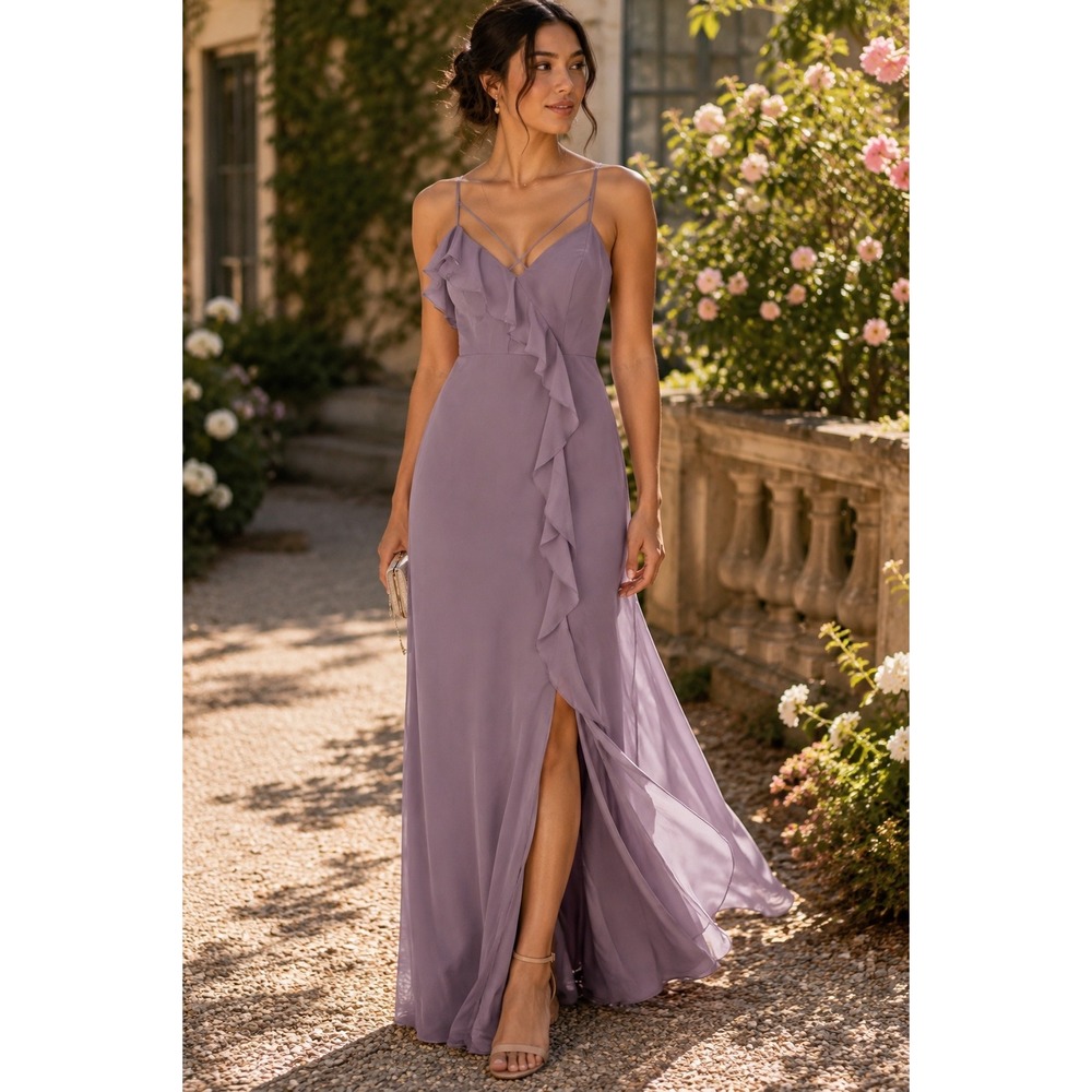 Revelry Paloma Chiffon Ruffle Maxi Gown Wisteria Lavender Formal 8